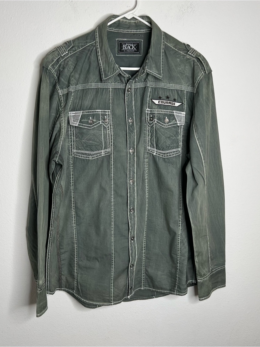 Buckle Black Athletic Fit Mens Shirt Green Gray Courage Top Stitching-Size XL